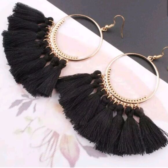 NWT Black Tassel Hoop Earrings - Picture 1 of 4